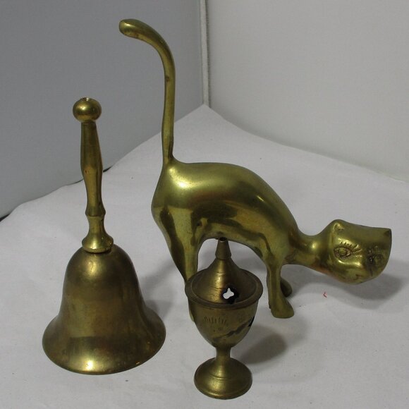 3 Piece Brass Items Bundle Lot Cat Figurine  Bell  Incense Burner - Picture 1 of 6